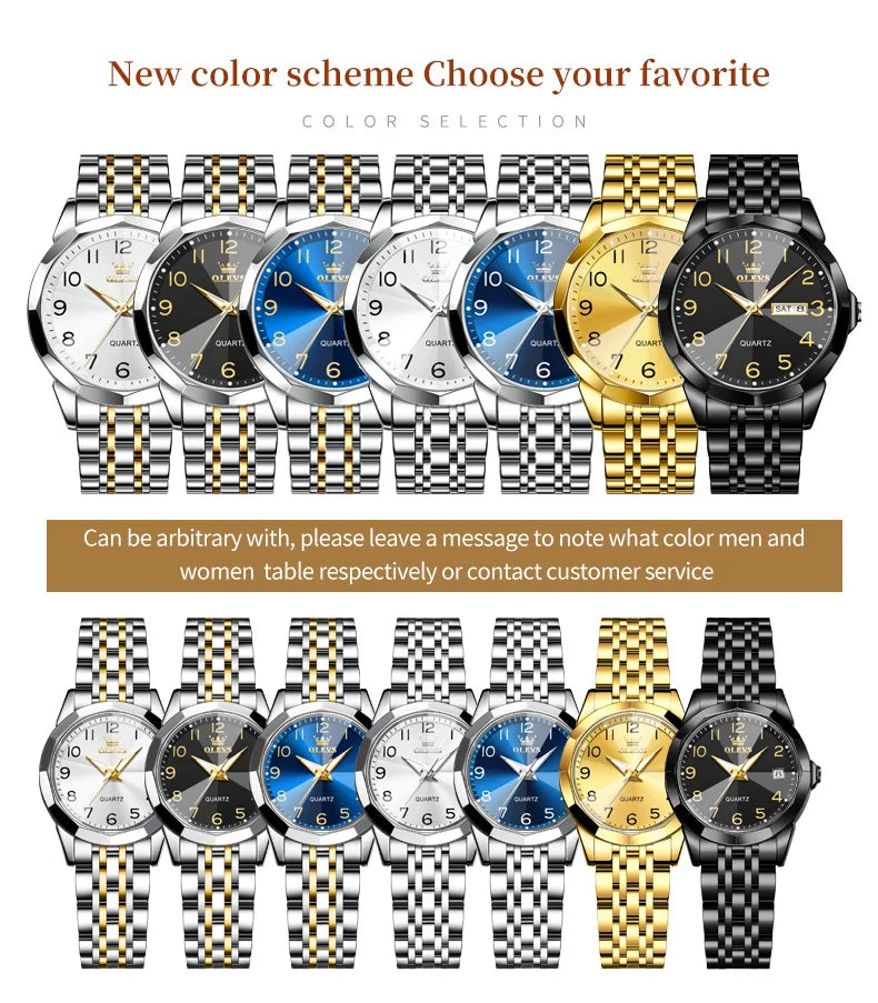 OLEVS 9970 Men Watch Original Brand Waterproof Luminous Quartz Watch Rhombus Mirror Stainless Steel Date-Day-Date Watch With Box