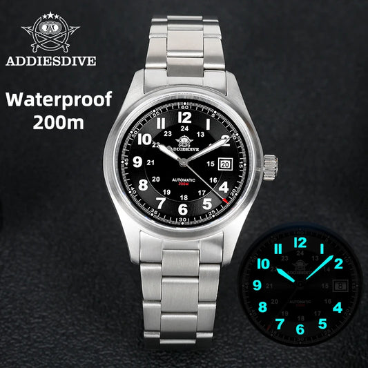 ADDIESDIVE Men's Retro Mechanical Watch Sapphire Mirror Glass Stainless Steel Watch BGW9 Luminous 200m Waterproof Analog Watch