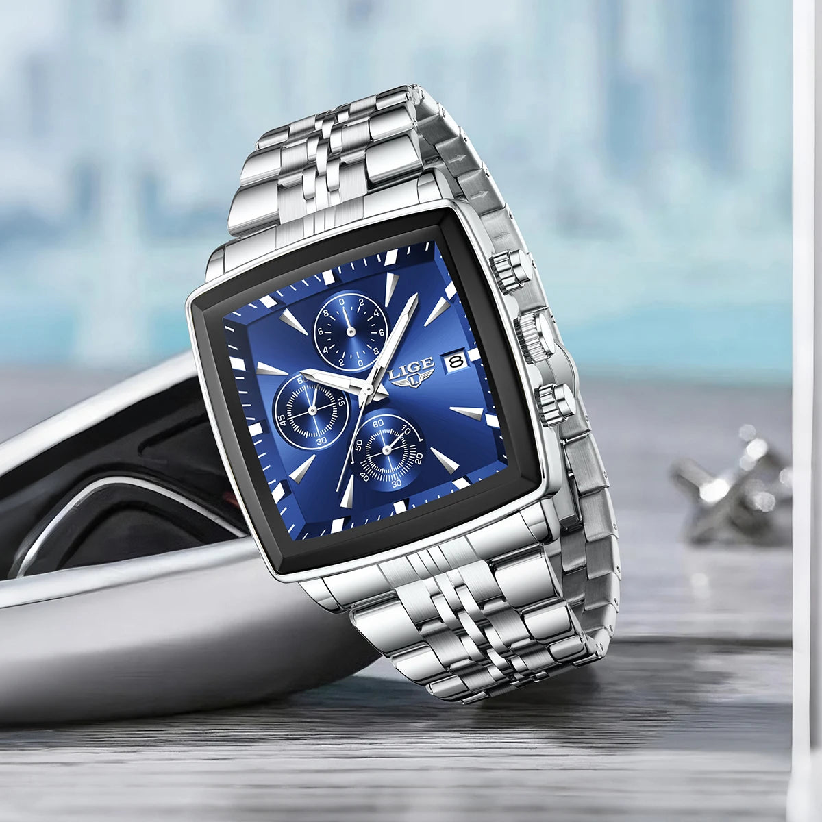 LIGE luxury men’s watches, square model, classic and trendy style, stainless steel, water-resistant, sporty and casual, with quartz movement.