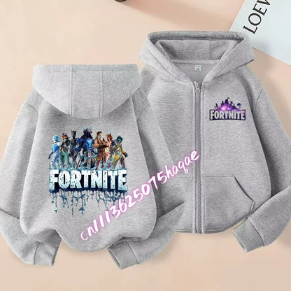 Ново детско яке с качулка Fortnites — суитшърт с цип и щампа на анимационен игрови персонаж, есенно-зимни дрехи за момчета