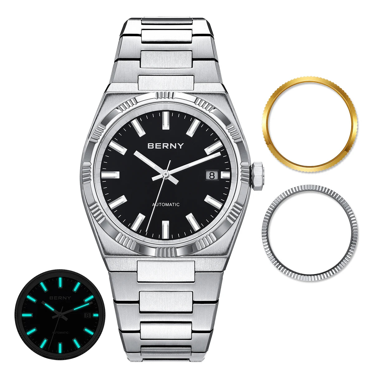 BERNY men’s automatic watch, gold-coloured, sapphire crystal, luminescent hands, 100% genuine, fitted with a PT5000 movement, anti-reflective coating, luxury model with interchangeable bezel, water-resistant to 5 ATM.