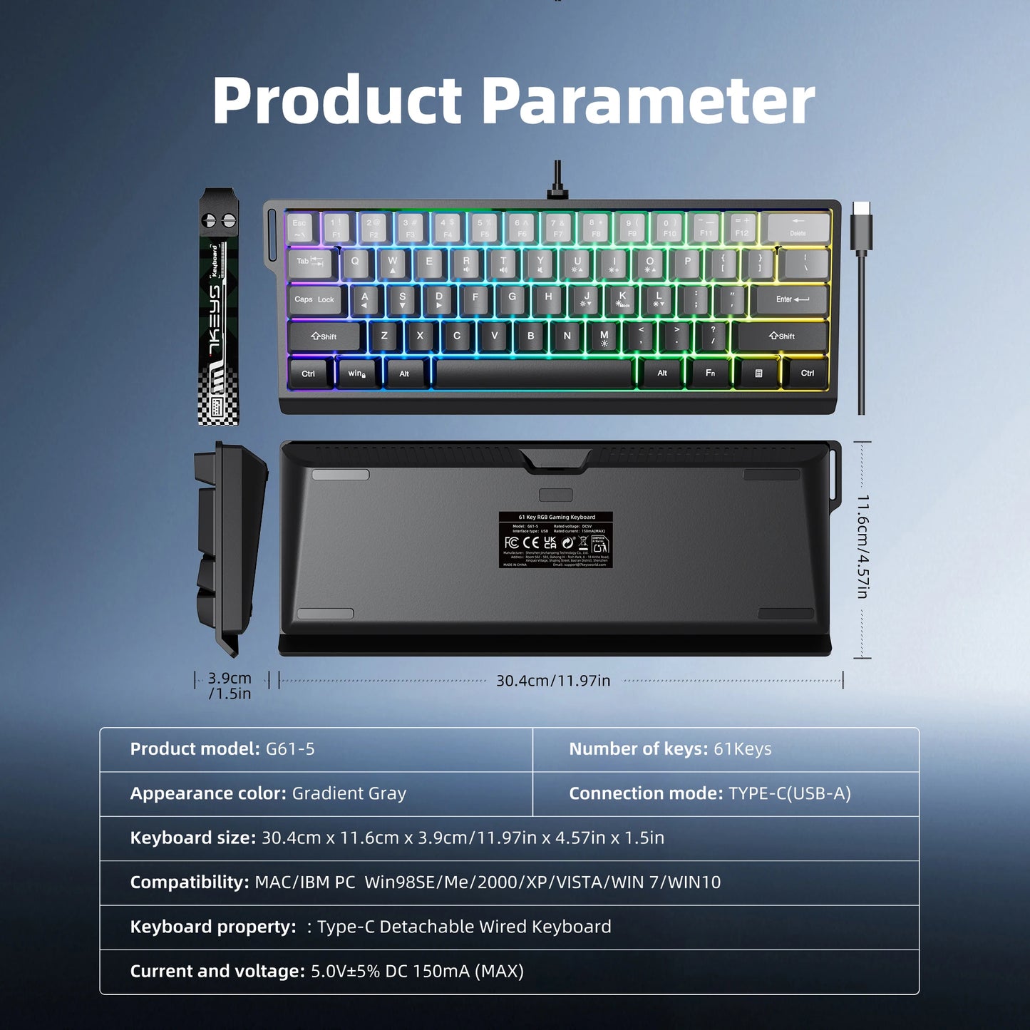 7KEYS 60% Compact Wired Keyboard with RGB Backlighting, Gradient Keycaps, USB Gaming Keyboard for Windows PC, Laptop & Tablet