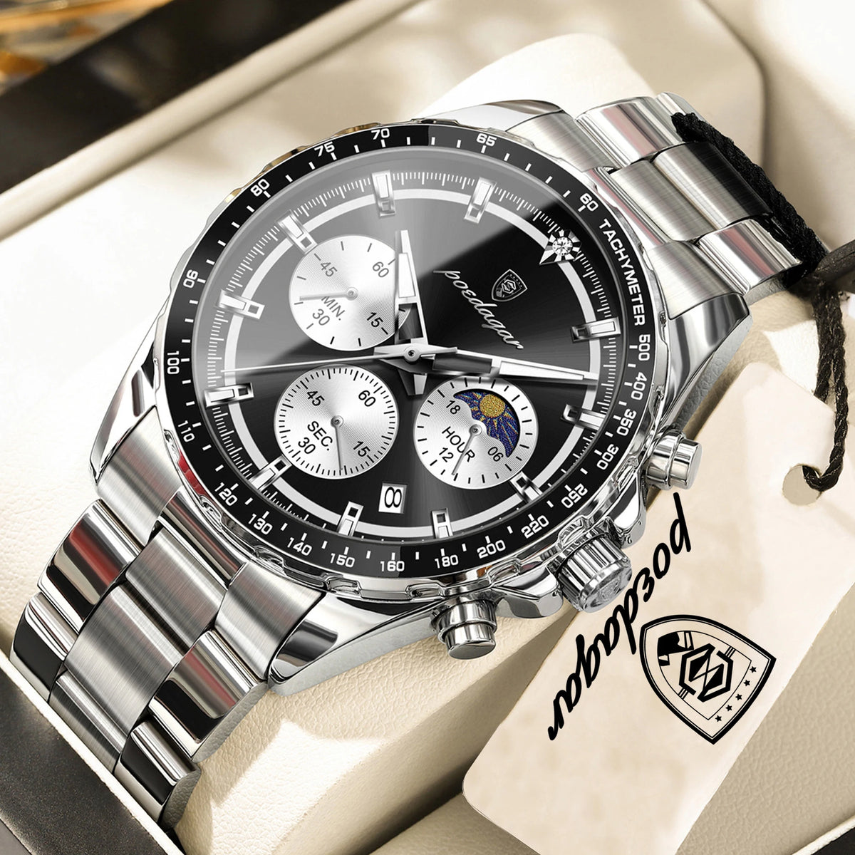 POEDAGAR luxury men’s watch: elegant and water-resistant, a quartz chronograph with date display, featuring a classic and luminous design.