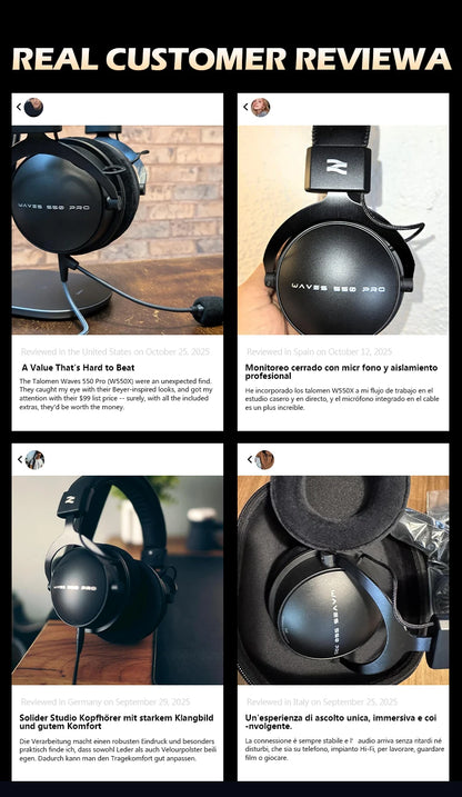 TALOMEN W550x Corded Studio Headphones Stereo Professional DJ Headphones Over-Ear Monitor Headphones with Detachable Cable