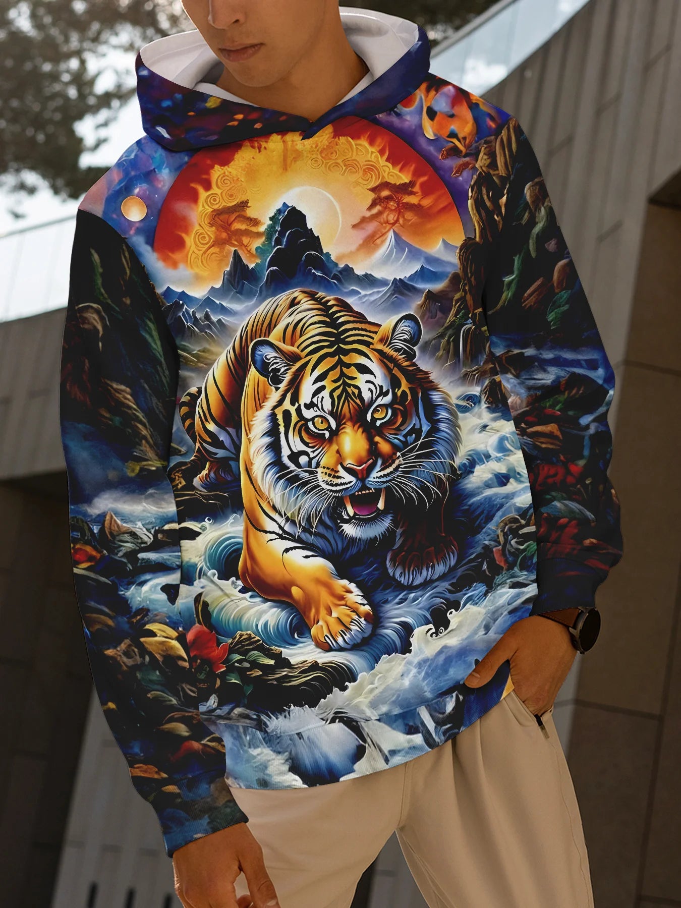 Herren-Outdoor-Hoodie mit 3D-Wolf-Grafik, Streetwear-Kapuzenpullover mit Fronttasche und Designer-Sweatshirt-Stil