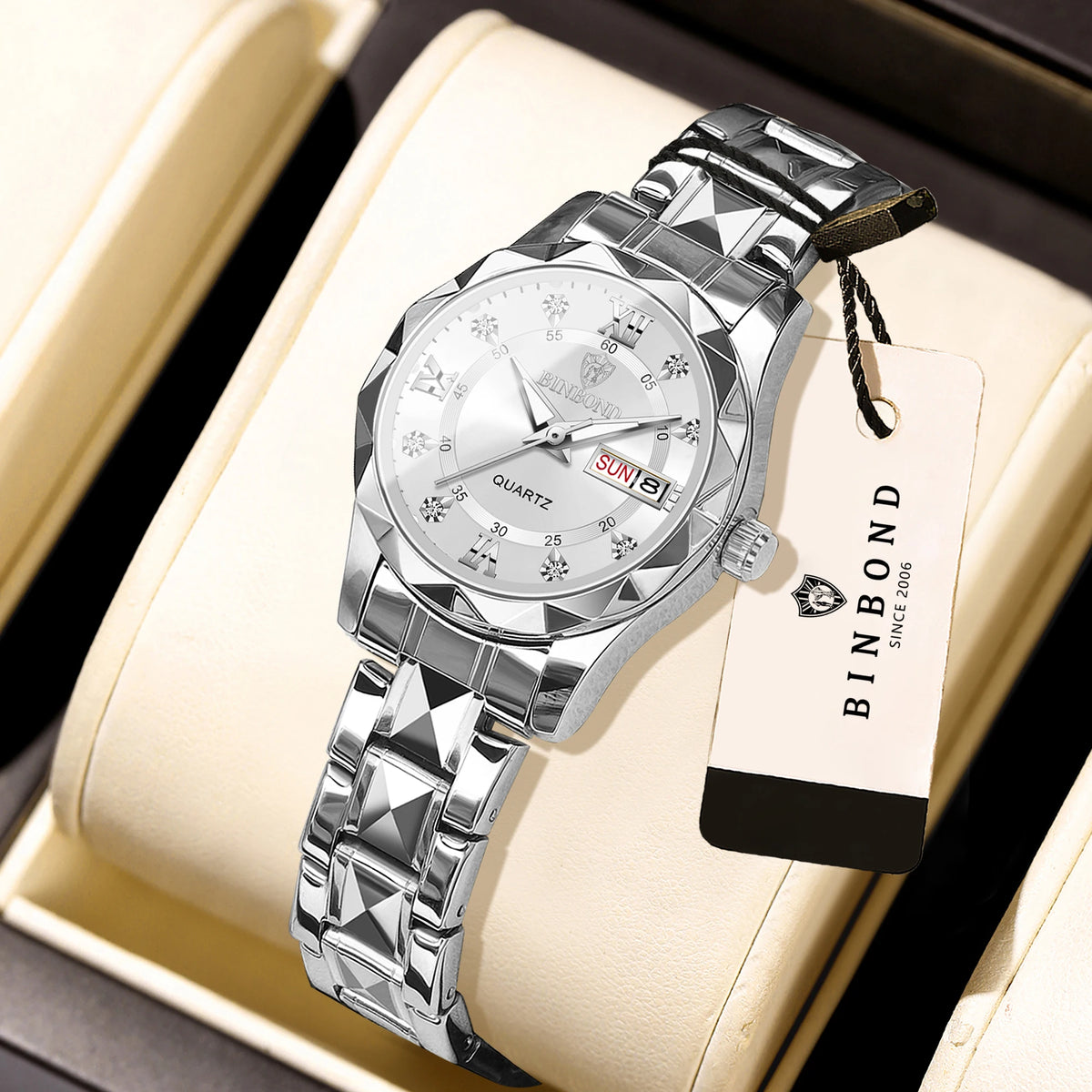 BINBOND ladies’ watch: a robust, luxurious, luminescent and water-resistant quartz watch, featuring an accurate date and day-of-the-week display.
