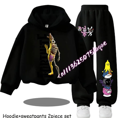 Fortnite-bedruckte Kinder-Hoodies, Cartoon-Design, bequemes 2-teiliges Set, locker sitzende Langarm-Oberteile mit Hose, Herbst-/Winterkleidung, Geschenk