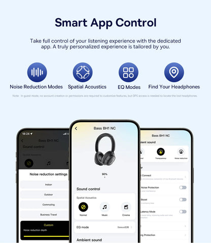Baseus Bass EH10 NC Wireless Headphones Bluetooth 6.0 Noise Canceling 45dB Over Ear HeadsetSpatial Audio Earphone 80H Time