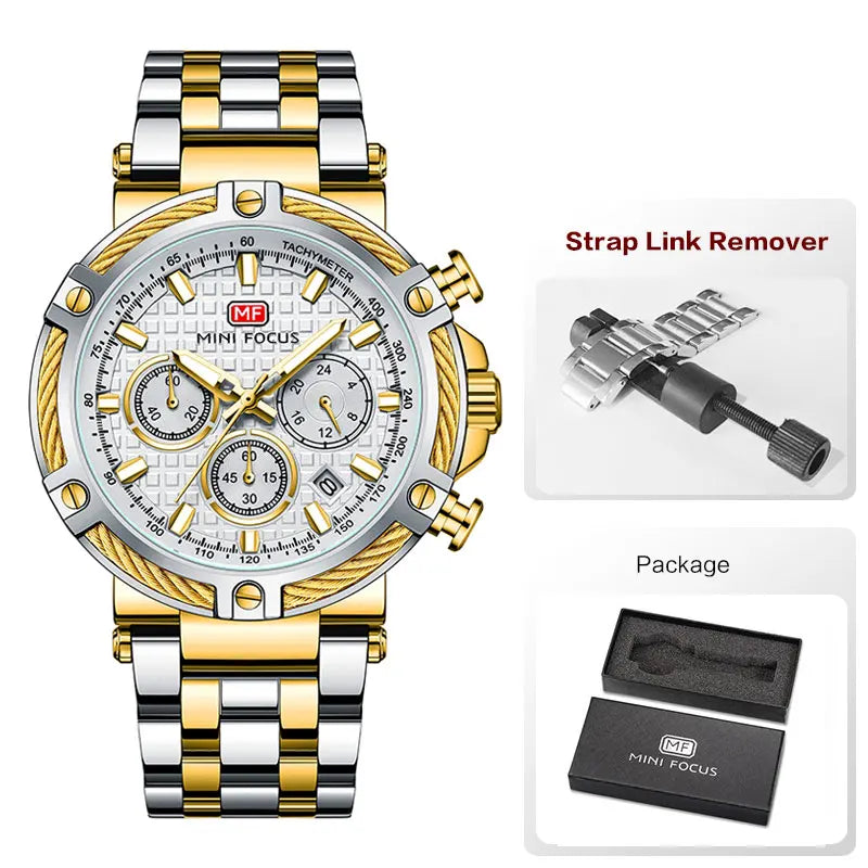 MINI FOCUS Black Stainless Steel Quartz Watch Men Fashion Luminous Dress Wristwatch with Date 24-hour Display Chronograph 0470