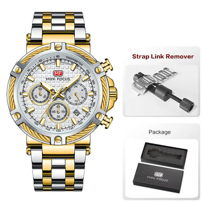 MINI FOCUS Black Stainless Steel Quartz Watch Men Fashion Luminous Dress Wristwatch with Date 24-hour Display Chronograph 0470