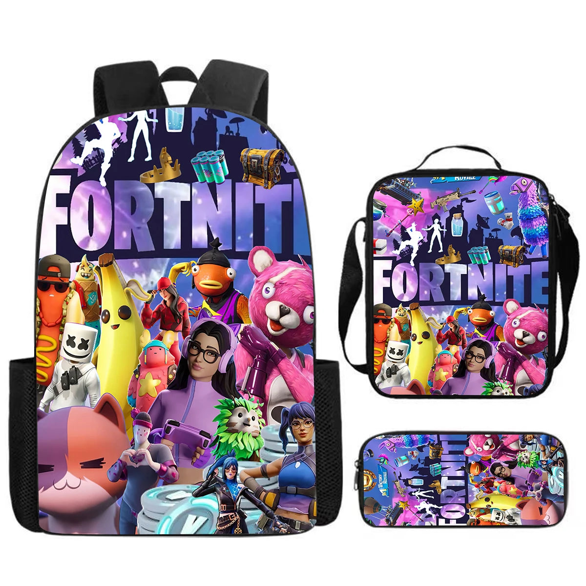 Cute Cartoon 3pcs Set School Backpack with Lunch Bag and Pencil Case, Large Anime Fortnite Kids School Bags for Boys and Girls