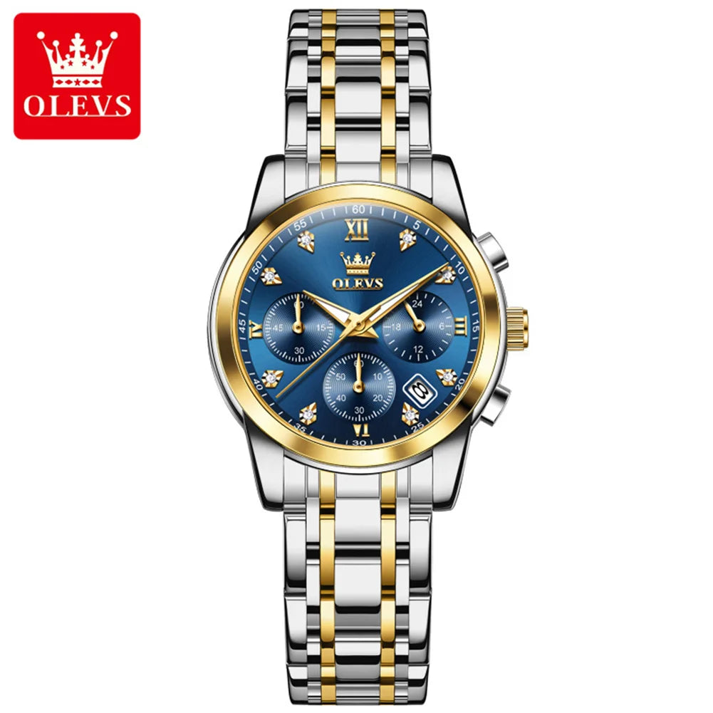 OLEVS ladies’ watch, luxury brand, quartz, water-resistant, luminous, date display, chronograph, bracelet, dress watch with diamonds.