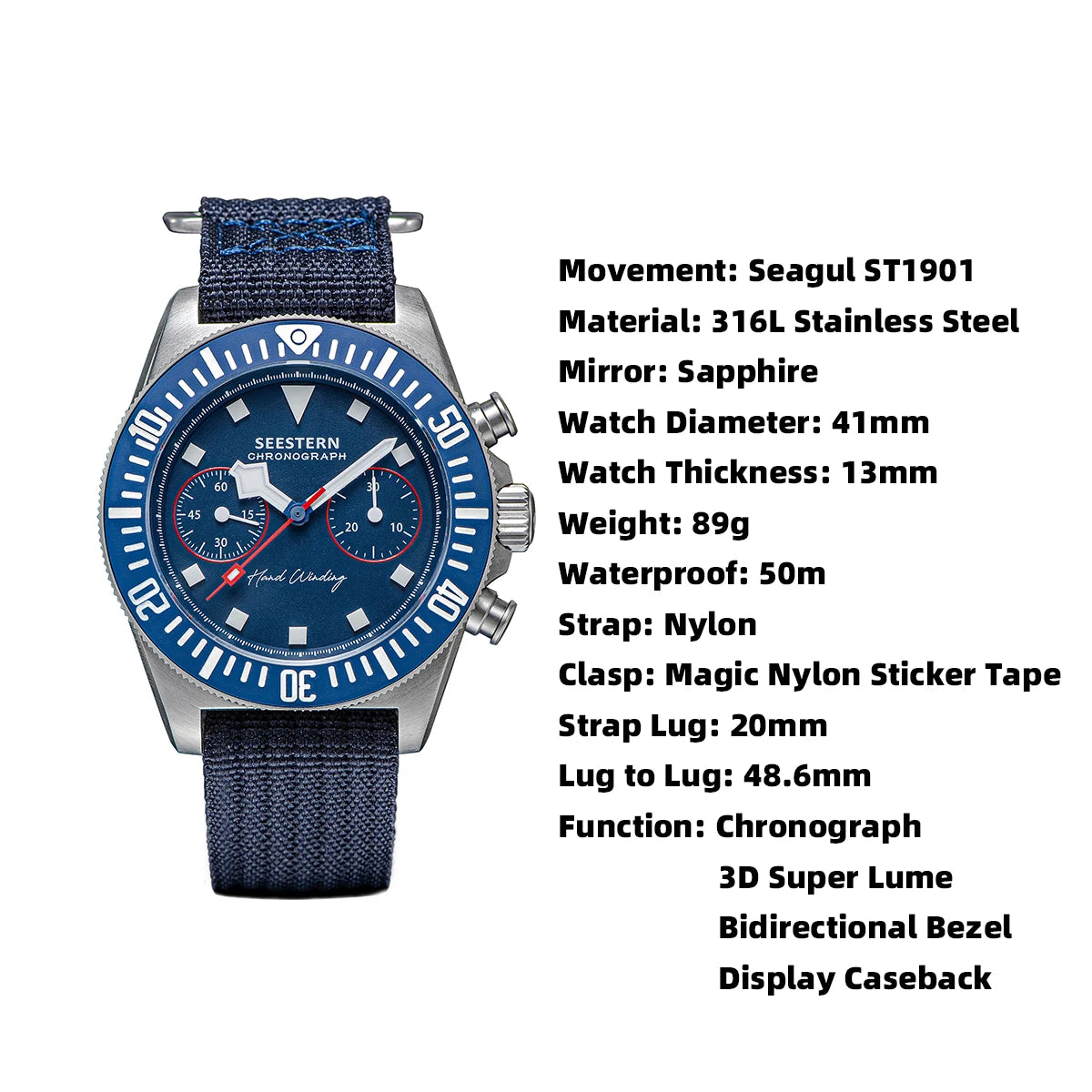 SEESTERN Chronograph Man of Watch Mechanical Tianjin ST1901 Movement Sapphire Wristwatches Nylon Sticker Strap Luminous Skeleton