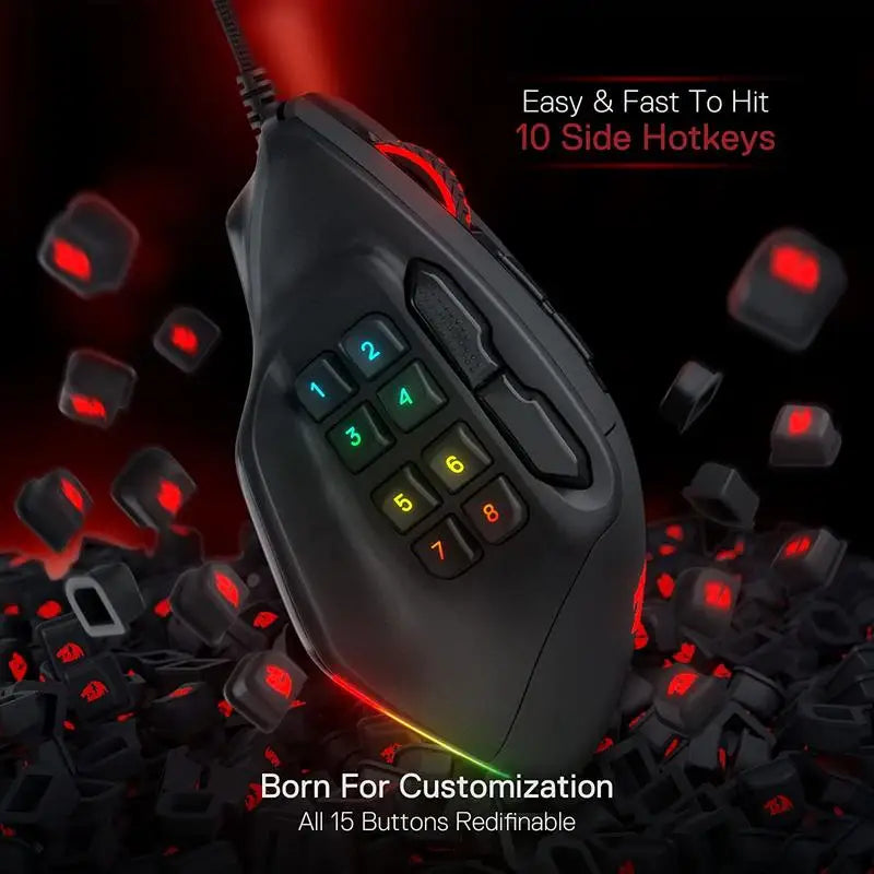 Herní myš Redragon M811 Aatrox MMO, kabelová RGB myš pro hráče s 15 programovatelnými tlačítky a ergonomickým přirozeným úchopem
