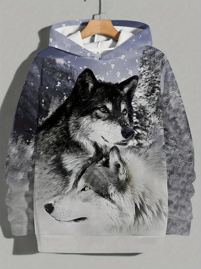 Herren-Outdoor-Hoodie mit 3D-Wolf-Grafik, Streetwear-Kapuzenpullover mit Fronttasche und Designer-Sweatshirt-Stil