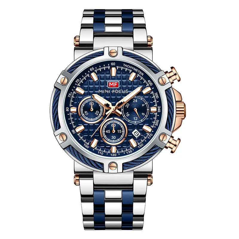 MINI FOCUS Black Stainless Steel Quartz Watch Men Fashion Luminous Dress Wristwatch with Date 24-hour Display Chronograph 0470