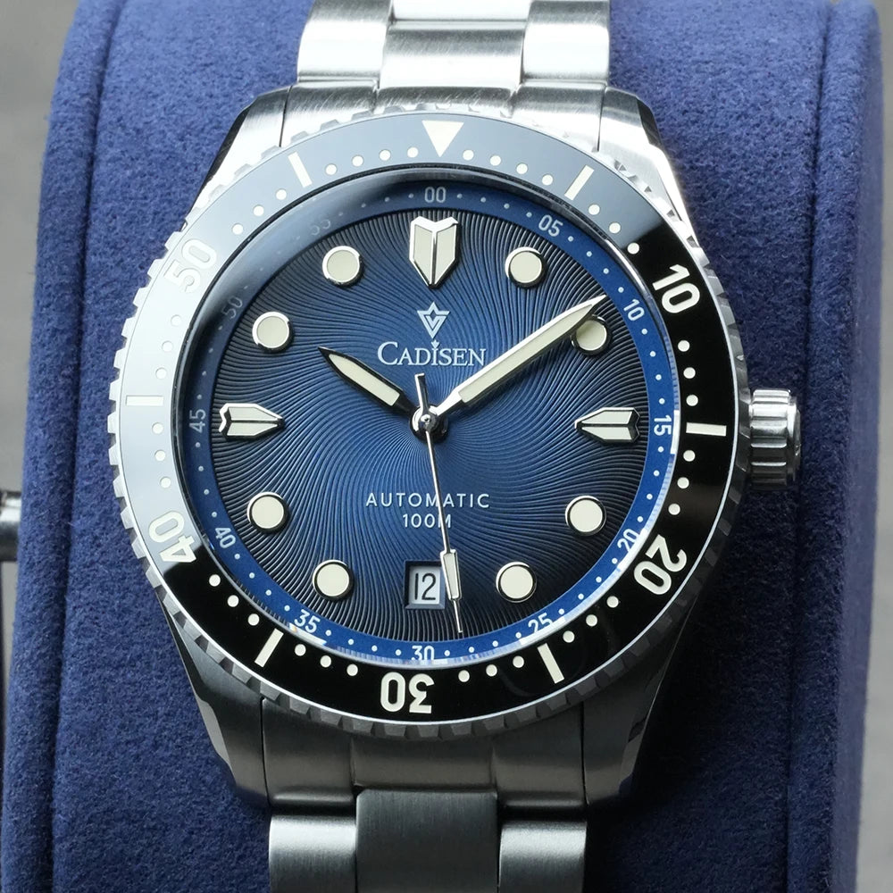 Montre mécanique automatique CADISEN – Modèle de luxe avec verre saphir, mouvement japonais MIYOTA 8215, cadran bleu et lunette en céramique – Étanche – Idée cadeau pour homme