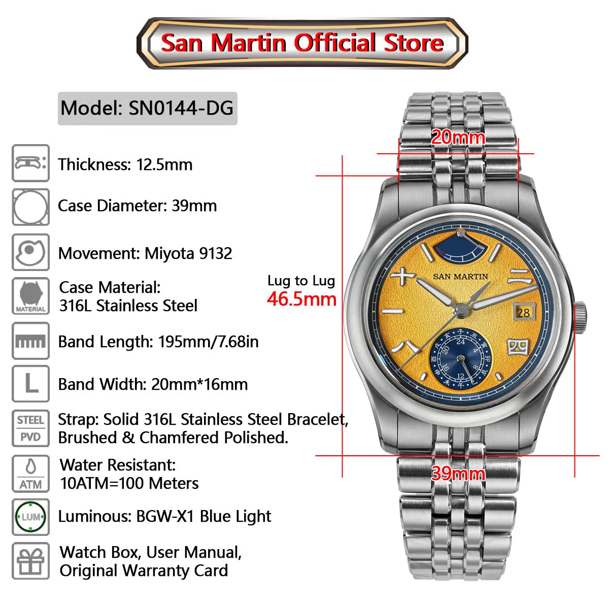 San Martin 39mm Miyota 9132 Power Reserve Display Men Luxury Sport Watch Automatic Mechanical Waterproof Original Design SN0144