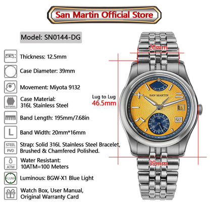 San Martin 39mm Miyota 9132 Power Reserve Display Men Luxury Sport Watch Automatic Mechanical Waterproof Original Design SN0144