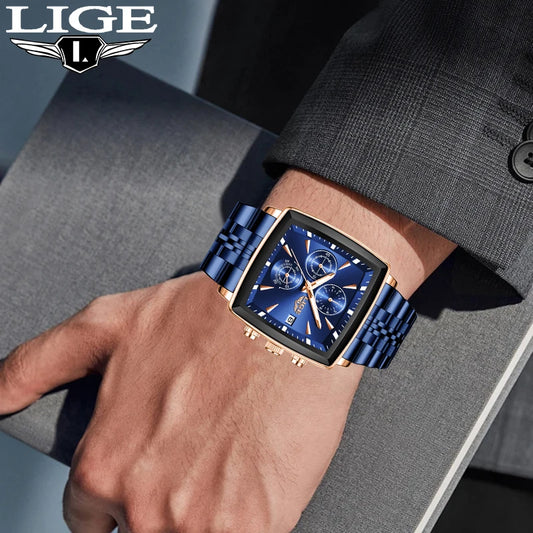 LIGE luxury men’s watches, square model, classic and trendy style, stainless steel, water-resistant, sporty and casual, with quartz movement.