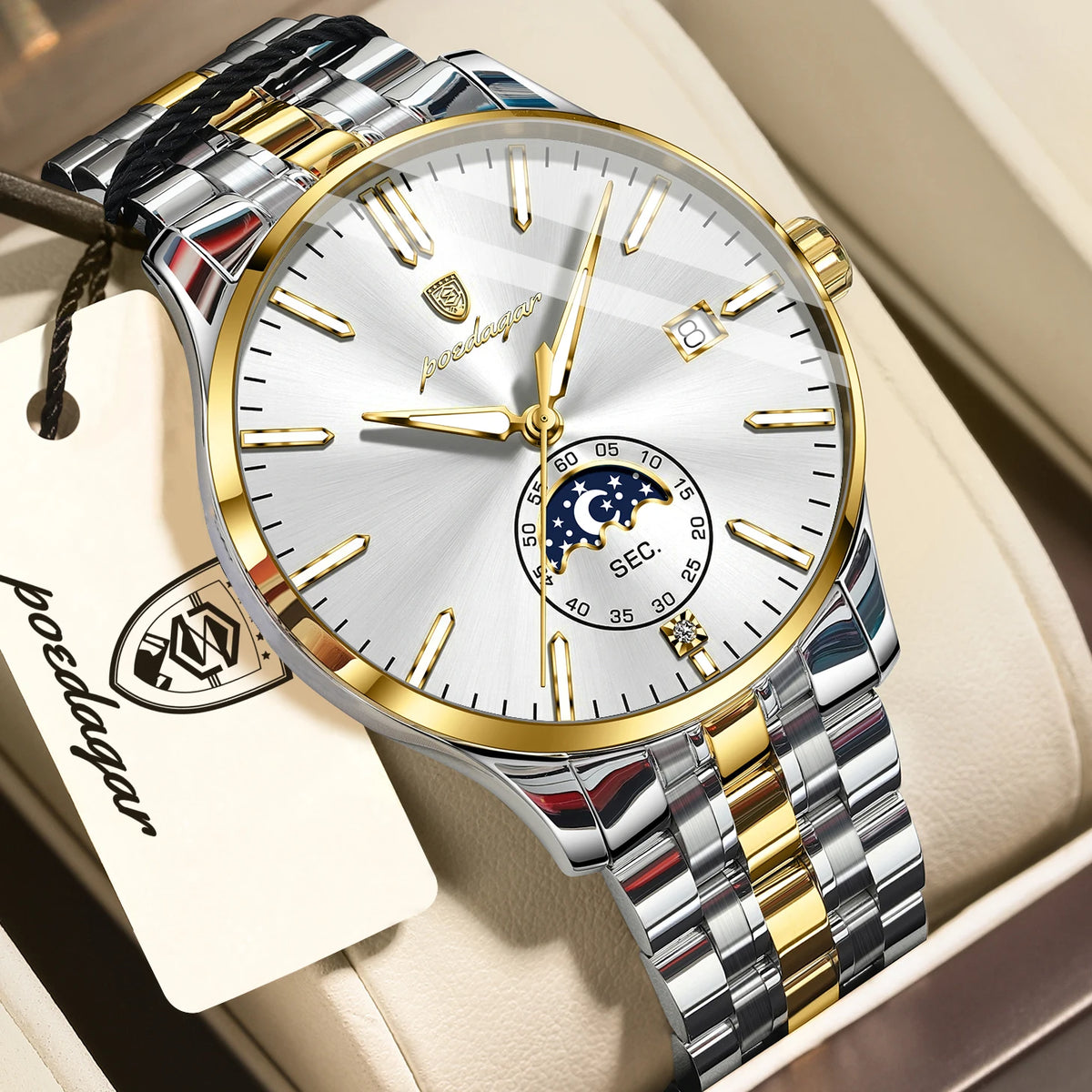 POEDAGAR luxury men’s watch, casual style, stainless steel, quartz, water-resistant, luminous, with date, elegant.