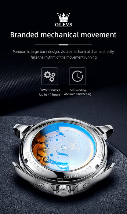 OLEVS 7013 Men's Watch Fashion Moon Phase Mechanical Watch For Men Waterproof Roman Scale Hollow Flywheel Automatic Hand Clock