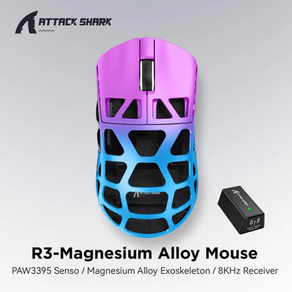 Mouse gaming ATTACK SHARK R3 din aliaj de magneziu cu design tip fagure, ultra-ușor, 8K Hz, senzor PAW3395, 26000 DPI, carcasă ergonomică