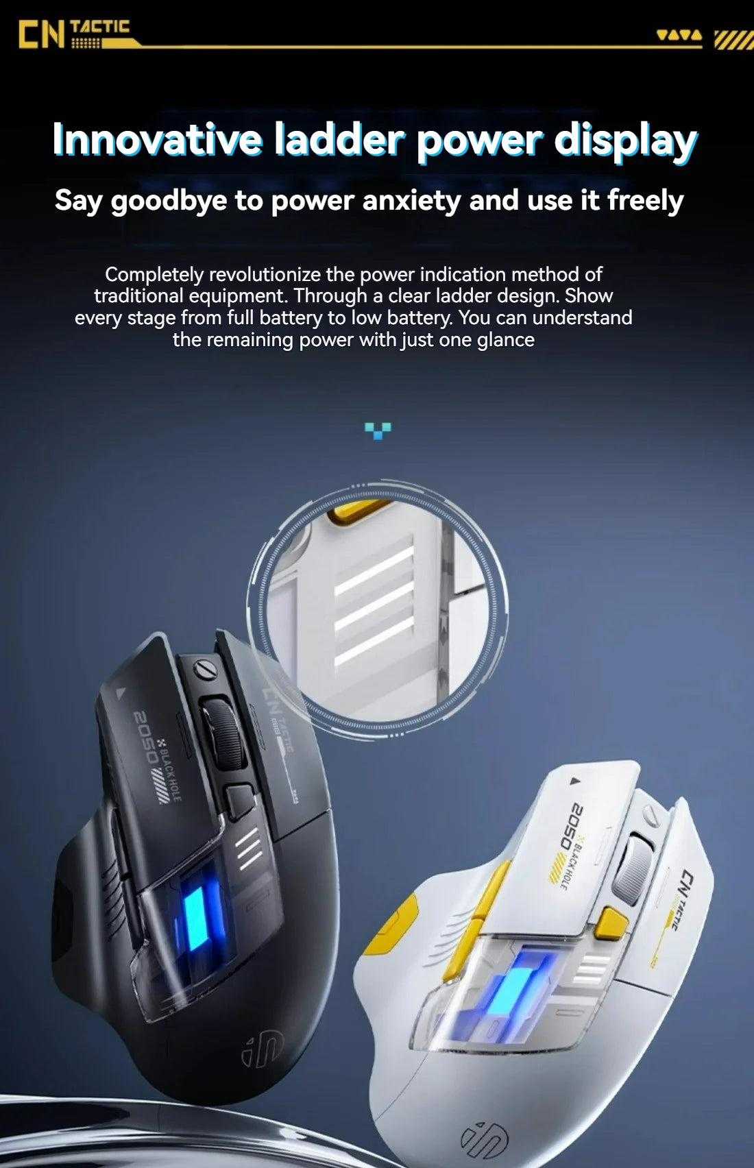 Rato Gaming Inphic A9 Pro Tri-Mode com Coluna de Luz Colorida, Indicador de Bateria, DPI Ajustável, Controlador Macro, Design Ergonómico, 12800DPI