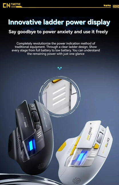 Rato Gaming Inphic A9 Pro Tri-Mode com Coluna de Luz Colorida, Indicador de Bateria, DPI Ajustável, Controlador Macro, Design Ergonómico, 12800DPI
