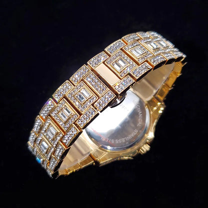 Luxury Diamond Watch for Men Fashion Bling Iced Out Day Date Watches Hip Hop Golden Stainless Steel Quartz Man Clock Hot Sale