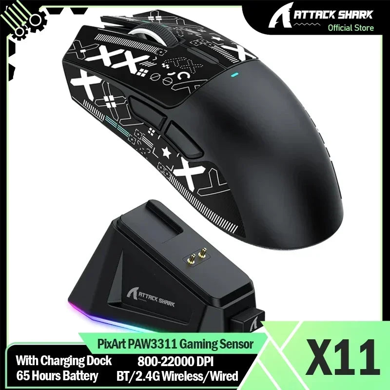 Original Brand ATTACK SHARK X11 Wireless Gaming Mouse Charging Dock PixArt PAW3311 Gaming Sensor, Origin BT/2.4G Wireless/Wired