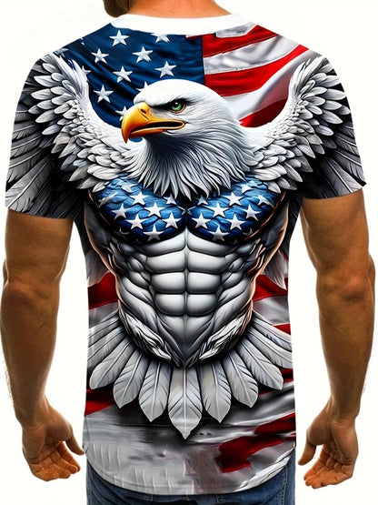 Patriottisch 3D-T-shirt voor heren met adelaarprint, casual ronde hals, korte mouwen, pullover voor zomerse mode en outdooractiviteiten, herenkleding