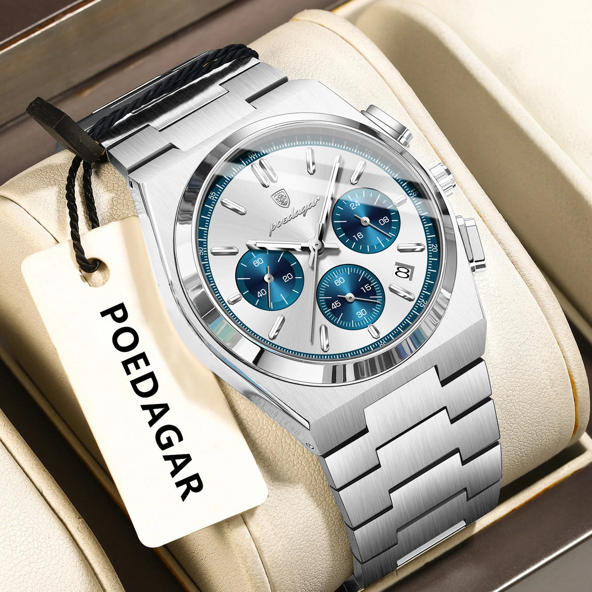 POEDAGAR Men’s Watch – Luxury stainless steel chronograph, with date, water-resistant and luminescent – Sporty quartz wristwatch