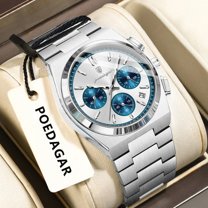 POEDAGAR Men’s Watch – Luxury stainless steel chronograph, with date, water-resistant and luminescent – Sporty quartz wristwatch
