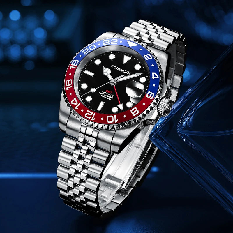 GUANQIN GMT Men's Watches 2025 New Automatic Watch Men NH34 Mechanical Wristwatch Sapphire Glass Stainless Steel Clock Left Hand