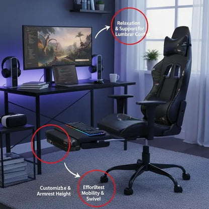 Gaming Chair with Footrest Black and Camouflage 66X56X120,5-131 cm in Imitation Leather, Reclining 360 Swivel ° Can Carry 110 kg