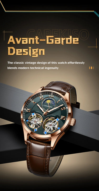 CAREKISO Fashion Men Clock Double Hollow Tourbillon Automatic Mechanical Man Watch Waterproof Luminous Leather Men's Watches+Box