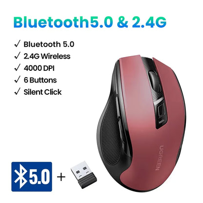 UGREEN Wireless Mouse Bluetooth 5.0 Mouse Ergonomic 4000DPI 6 Mute Buttons Mouse For MacBook Tablet Laptops Computer PC 2.4G Mice