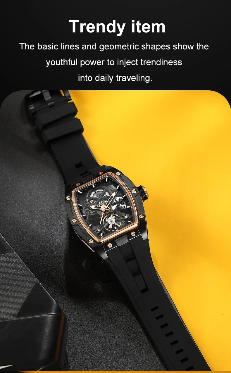 MEGIR Fashion Leisure Alloy Case Men Mechanical Watch Silicone Band Barrel Shaped Dial Luminous Pointer Design Man Wristwatch