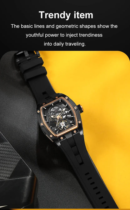 MEGIR Fashion Leisure Alloy Case Men Mechanical Watch Silicone Band Barrel Shaped Dial Luminous Pointer Design Man Wristwatch