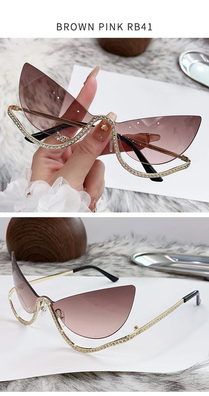 Sexy Cat Eye Rimless Sunglasses Women 2026 Luxury Brand Trendy Rhinestone Sun Glasses Punk Metal Frame Eyewear Outdoor Shades