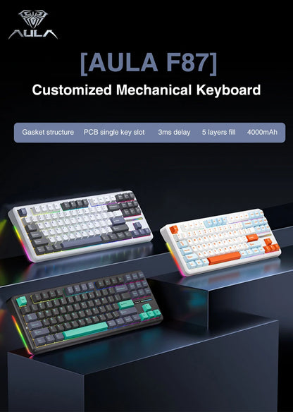 AULA F87 Pro Wireless Mechanical Keyboard 87 Keys Bluetooth 2.4G Wired Gaming Keyboard RGB Hotswap Gamer Non-contact Keyboard