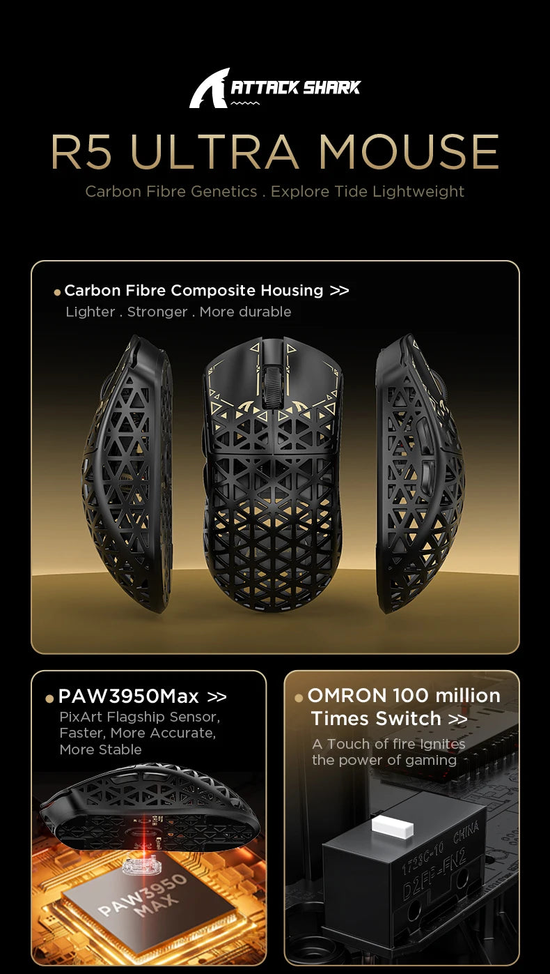 ATTACK SHARK R5 Ultra Carbon Fiber brezžična gaming miška, gaming senzor PixArt PAW3950MAX, 42000DPI, 8000Hz, MCU Nordic 52840