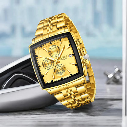 LIGE luxury men’s watches, square model, classic and trendy style, stainless steel, water-resistant, sporty and casual, with quartz movement.