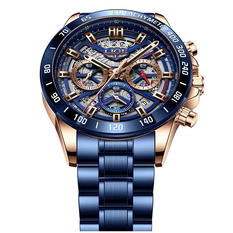LIGE 2024 New Men Watch Top Brand Luxury Hollow Watch Men Waterproof Sport Quartz Chronograph Wrist Watch Man Relogio Masculino