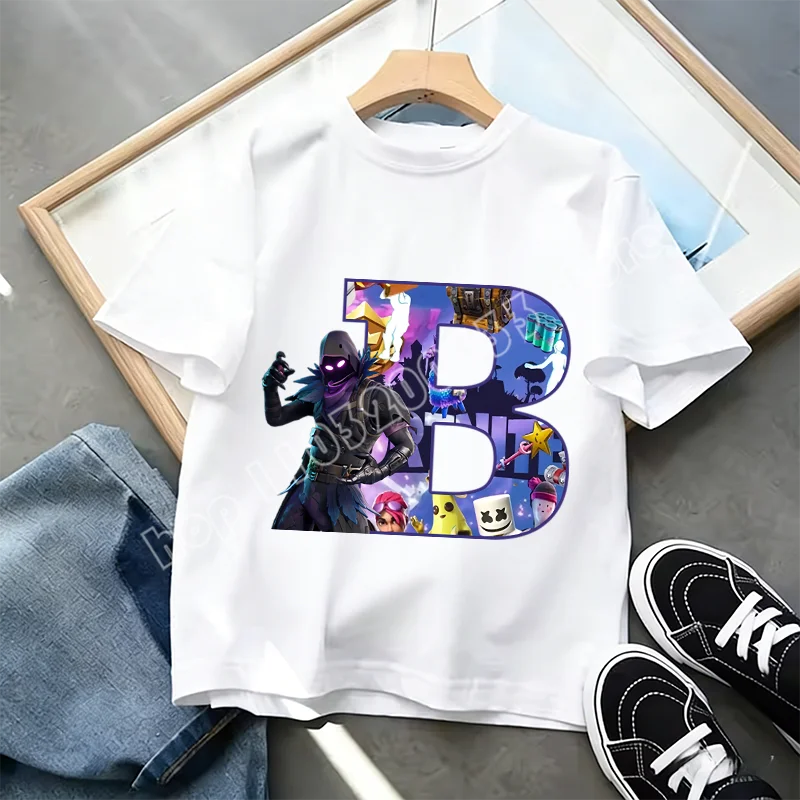Fortnite A-Z Alphabet Print T-Shirt Summer Kids White Clothing Popular Cartoon Game T-Shirt Fashion Casual Short Sleeve Top Gift