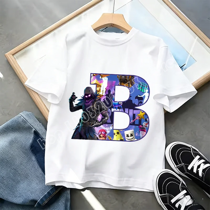 Fortnite A-Z Alphabet Print T-Shirt Summer Kids White Clothing Popular Cartoon Game T-Shirt Fashion Casual Short Sleeve Top Gift
