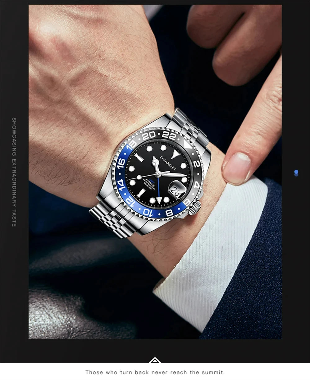 GUANQIN GMT Men's Watches 2025 New Automatic Watch Men NH34 Mechanical Wristwatch Sapphire Glass Stainless Steel Clock Left Hand