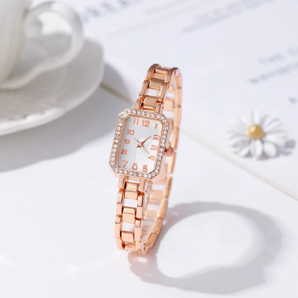 Luxury Women's Watch 2023 New Simple Square Full Diamond Digital Quartz Watch Gold Stainless Steel Bracelet Women's Dress Clock