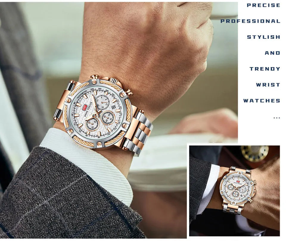 MINI FOCUS Black Stainless Steel Quartz Watch Men Fashion Luminous Dress Wristwatch with Date 24-hour Display Chronograph 0470